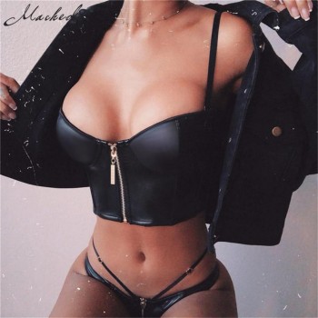 Leather Zipper Top 2019 Women Slim Cropped Top Black